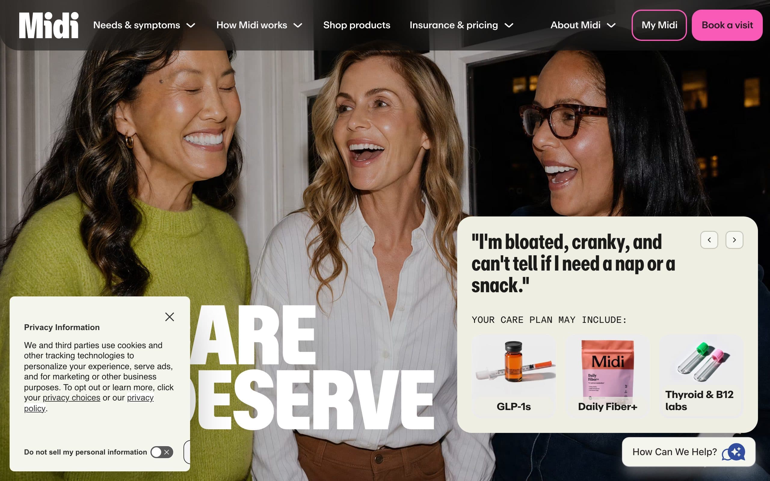 Screenshot of the Midi Health homepage, captured August 27, 2026