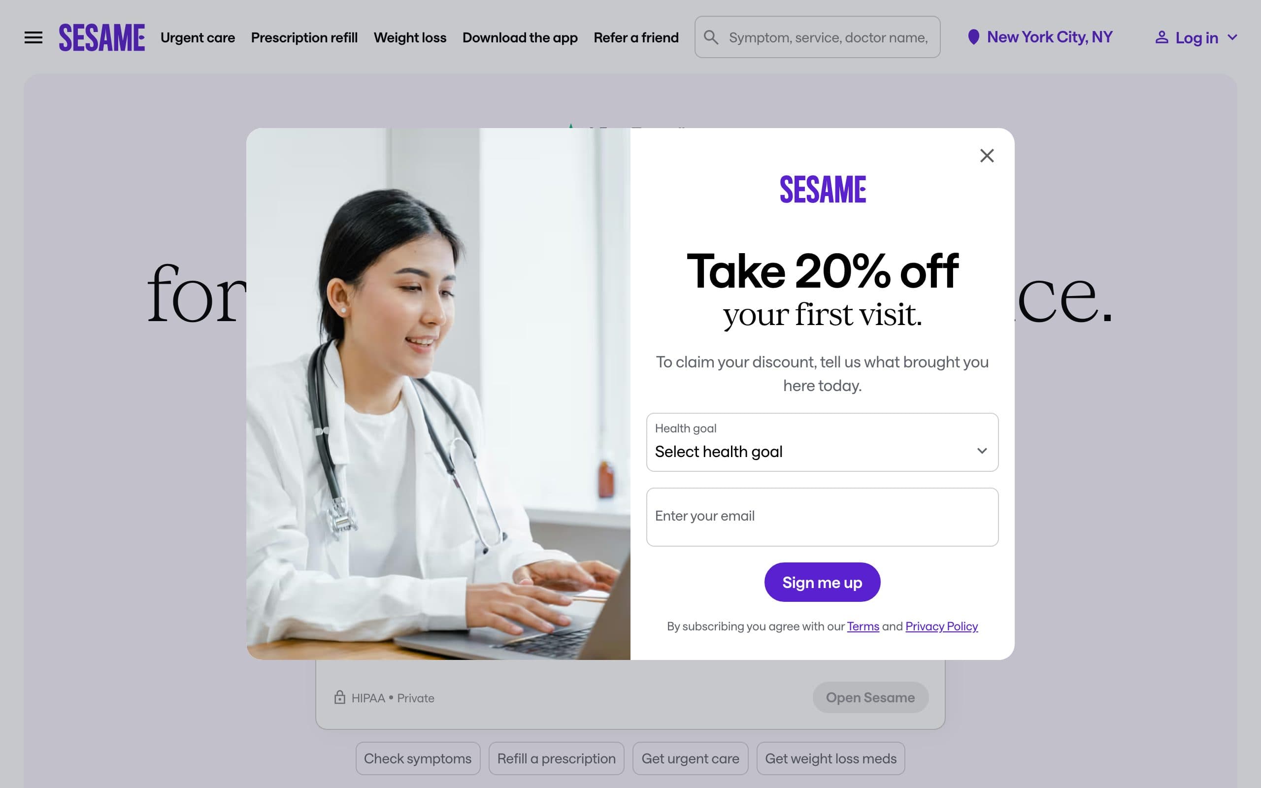Screenshot of the Sesame Care homepage, captured August 27, 2026
